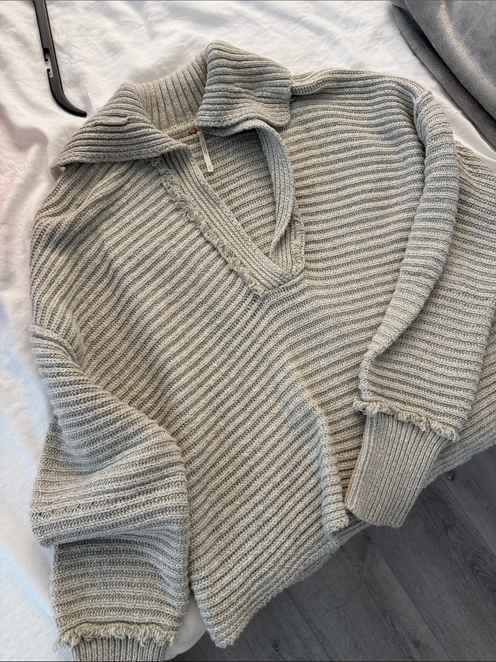 Free People Ribbed Collared V-Neck Sweater in Light Gray